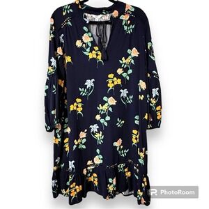 Crown & Ivy petite XL navy floral dress v-neck ties at neck elastic 3/4 sleeve